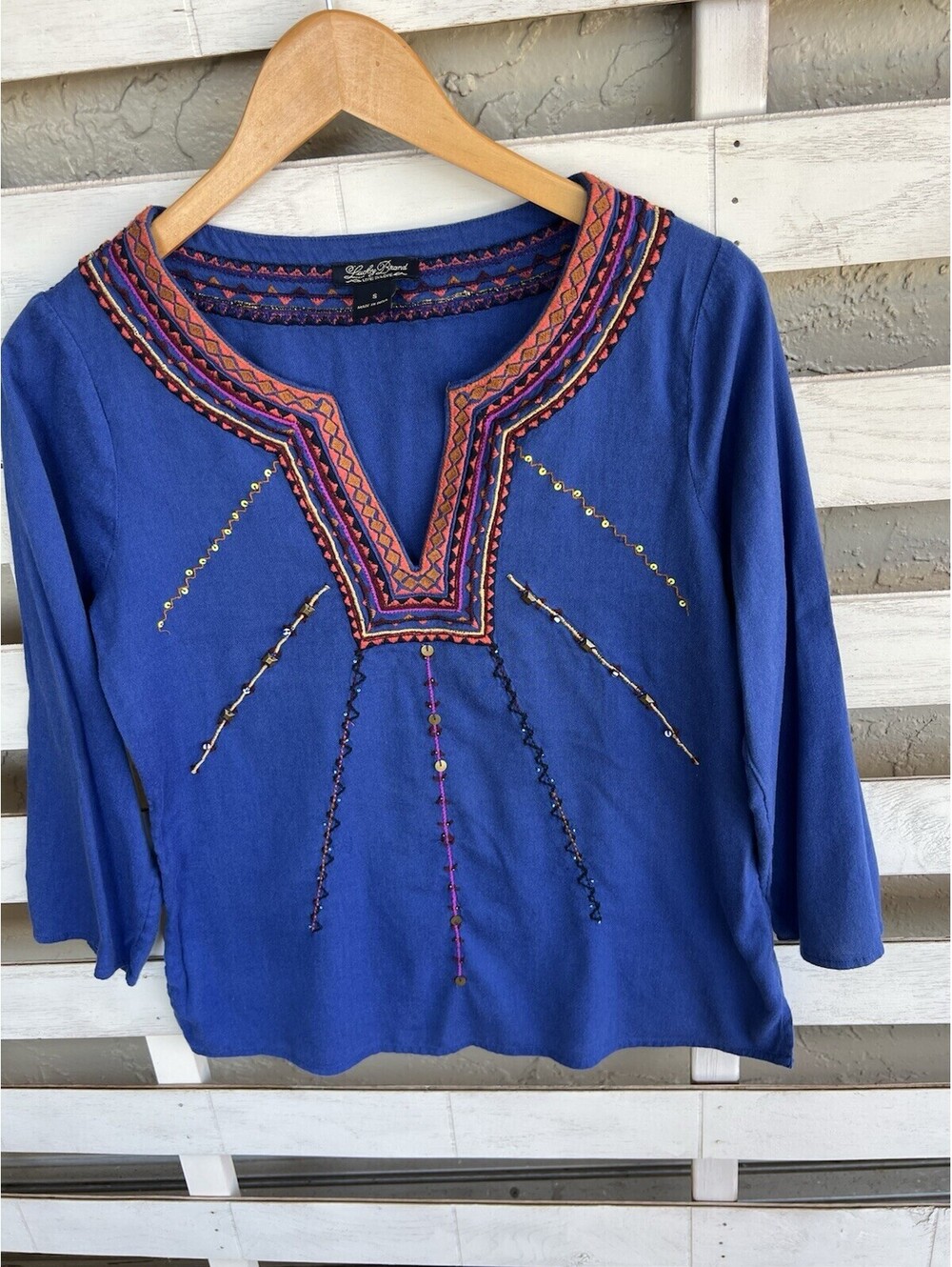 Lucky Brand womens 3/4 sleeve blue blouse Festival Deep V Neck sequin size S